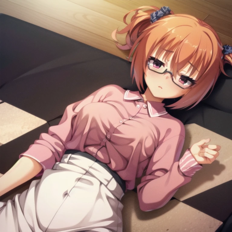 (Tabletop:1.0), (highest quality:1.4), (High resolution:1.2), From the side,Sharp contours,  boyish, highest quality, masterpiece,Glasses,Voice of the Heart,20-year-old woman,yandere,Big Breasts,Chest to chest,Lying face down,Upper Body,Ecstasy,blush,Squint your eyes,Tuck up your clothes,lure