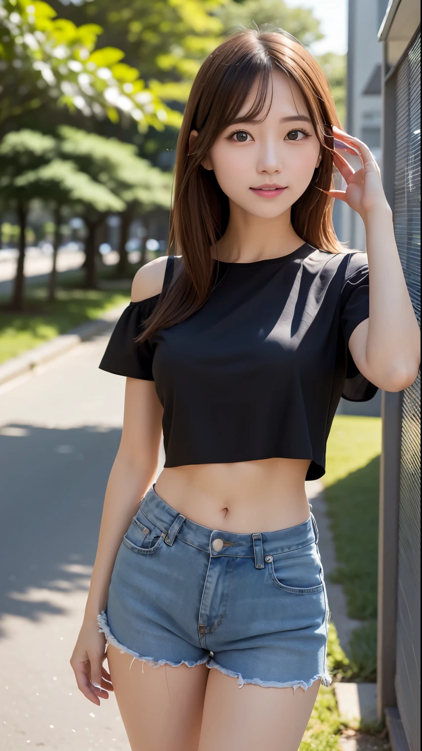 (Highest quality, 8k, 32K, masterpiece, Ultra-high resolution: 1.2), 1 girl, Beautiful Japanese Women,Cute Girl, Tight waist, ((Short Hair)),Wide leg pants, Off-the-shoulder shirt with bare midriff, 24-years-old, (Cute pose: 1.2), Beautiful Face, (Smile at someone you like), Hair blowing in the wind, Beautiful summer blue sky, Grass Park,