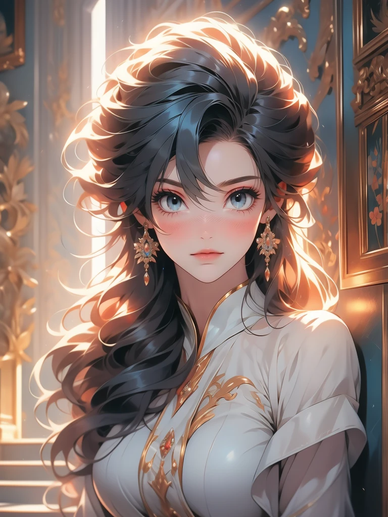 1girl, solo, leaning on white marble wall, sexy face, sexy, cute face, bangs, long hair, look away, shy, nose blush, concept art, freckles, lay light on the wall, passionate, medium breast, fit body, long waist, (thigh gap), wide shoulder, short hair, red hair, hair over one eye, open blue coat, brown gloves, black pants, earrings, seductive, enchanting, (biting lip), erotic