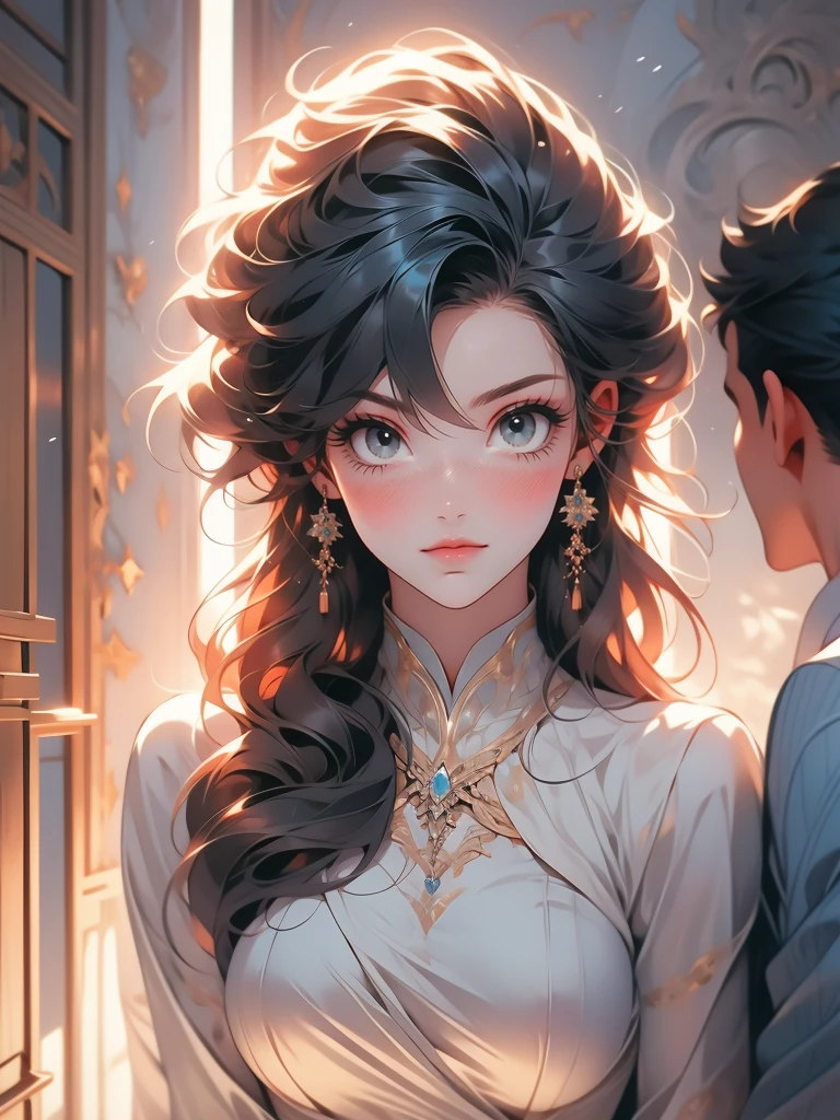1girl, solo, leaning on white marble wall, sexy face, sexy, cute face, bangs, long hair, look away, shy, nose blush, concept art, freckles, lay light on the wall, passionate, medium breast, fit body, long waist, (thigh gap), wide shoulder, short hair, red hair, hair over one eye, open blue coat, brown gloves, black pants, earrings, seductive, enchanting, (biting lip), erotic