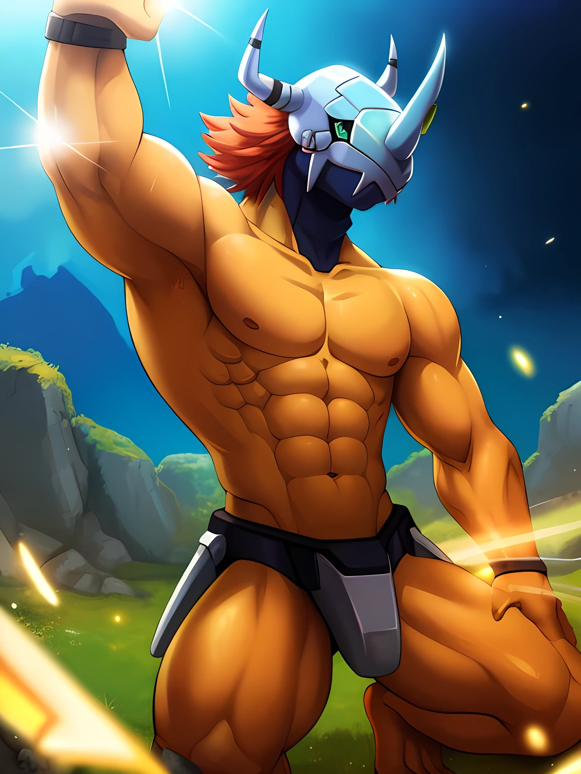 Masterpieces,official art,anthro,male,show full body,(wargreymon:1.2),Delicate face,Delicate eyes,helmet,topless,shirtless, horn, digimon, upper body, depth of field, perfect lighting, light particles,(best quality),(masterpiece),(ultra detailed),sharp focus,light particles
