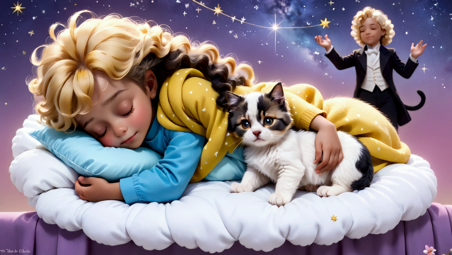 An image of a blond 5 year old boy with yellow curly hair, sleeping with a 5 year old, straight shoulder-length black hair, a puppy of the lhaza apso breed, white with caramel spots on the eyes, paws and tail, a blue kitten, um gatinho filhote amarelo com um boné da vondutch e uma pink kitten filhote  com uma tiara de flores na cabeça, everyone sleeps peacefully with a slight smile in their eyes, as if they were dreaming, they sleep on a cloud with a background of a beautiful starry night and a figure that represents a version of Amadeus Mozart as he is telling the characters to sleep. pink kitten, no clothers