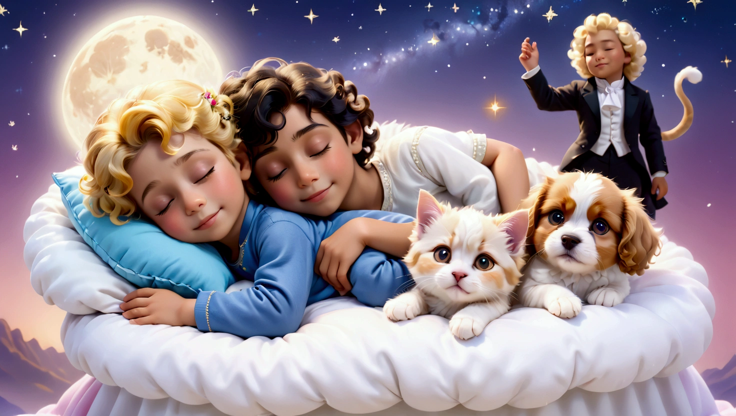 An image of a blond 5 year old boy with yellow curly hair, sleeping with a 5 year old, straight shoulder-length black hair, a puppy of the lhaza apso breed, white with caramel spots on the eyes, paws and tail, a blue kitten, um gatinho filhote amarelo com um boné da vondutch e uma pink kitten filhote  com uma tiara de flores na cabeça, everyone sleeps peacefully with a slight smile in their eyes, as if they were dreaming, they sleep on a cloud with a background of a beautiful starry night and a figure that represents a version of Amadeus Mozart as he is telling the characters to sleep. pink kitten, no clothers