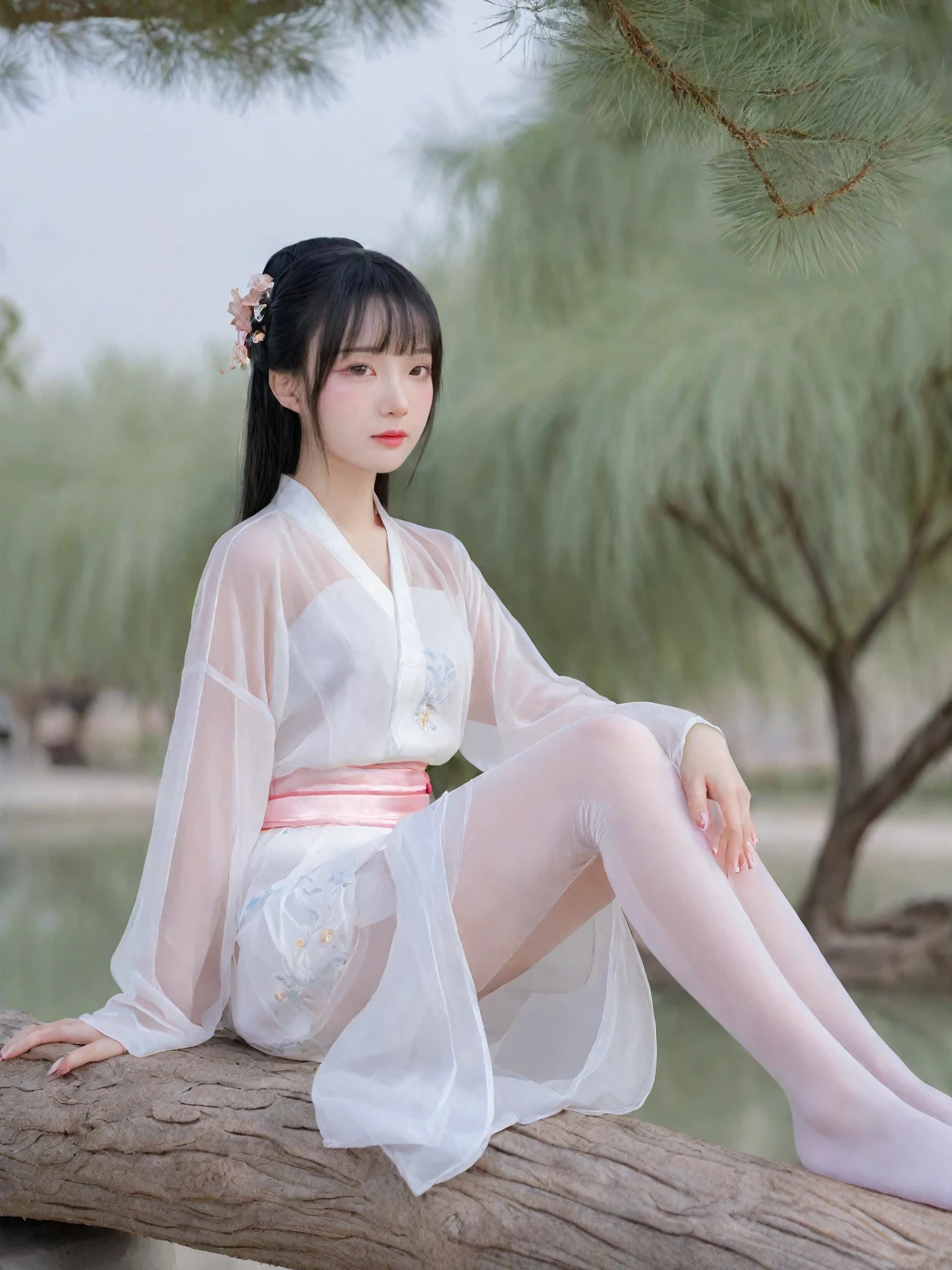 ((1girl)),white_skin,(slender),((((black hair)))),medium hair,[air bangs],(makeup),brown eyes,small nose,((pink_nails)),(slender_waist),(china_dress),(chinese_style),(((((hanfu))))),[transparent],legs,sitting_in_tree,((knees_together_feet_apart)),white_pantyhose,tree,lower_body,hanfu, tang style outfits,((blue upper shan)),