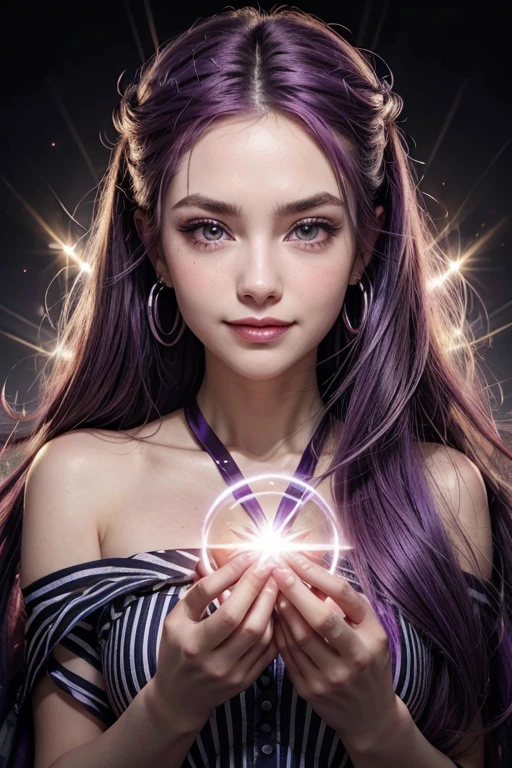 Woman holding a written logo Cratera Shop, streaked hair, purple hair, gradient hair, hair spread out, hair ribbon, sparkling eyes, eyebrows behind hair, longeyelashes, solid circle eyes, crystal earrings, makeup, grin, bright pupils, Minimalism, American propaganda poster, cinematic lighting, god rays, image fill, silhouette, anatomically correct