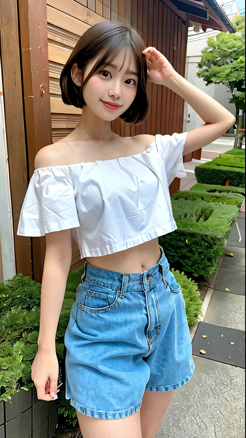 (Highest quality, 8k, 32K, masterpiece, Ultra-high resolution: 1.2), 1 girl, Beautiful Japanese Women,Cute Girl, Tight waist, ((Short Hair)),Wide leg pants, Off-the-shoulder shirt with bare midriff, 24-years-old, (Cute pose: 1.2), Beautiful Face, (Smile at someone you like), Hair blowing in the wind, Beautiful summer blue sky, Grass Park,