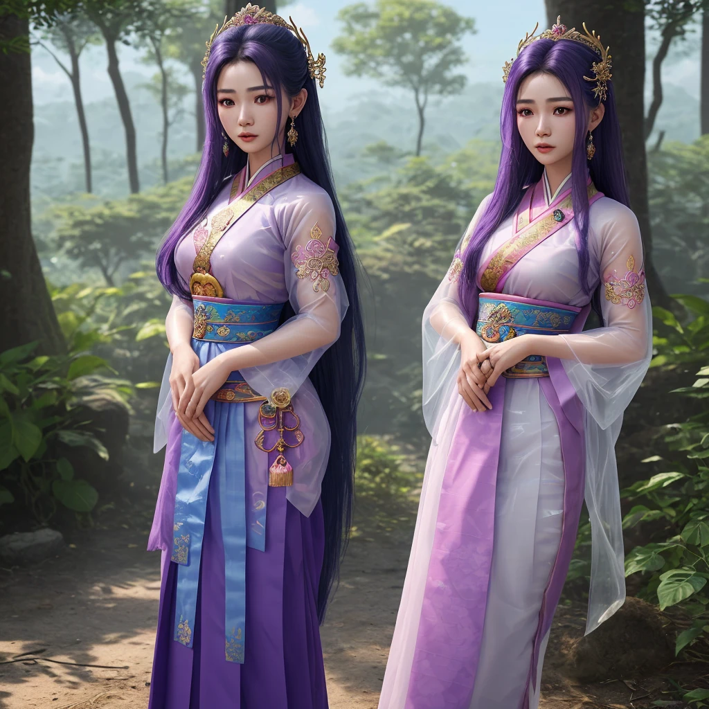 Wide-angle full-body image ,Thai-Korean woman with beautiful eyes, 20 years old, long hair, blue, purple, pink, wearing traditional traditional Thai clothing all over, made from clear hard plastic. Ancient Thai costumes that are clearly inspired Her outfit is an organic blend of clear hard plastic and glass crystals on her frame. 🐉Background: forest, sky, clouds, full resolution. Highest clarity images, professional photos, realistic, smooth, 3D, 4K, 1080 HP, unreal engine 5+realistic