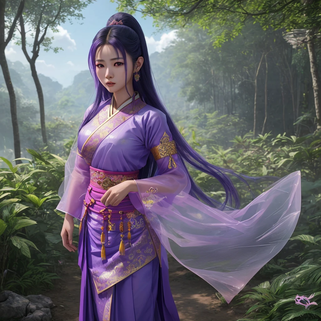 Wide-angle full-body image  ,Thai-Korean woman with beautiful eyes, 20 years old, long hair, blue, purple, pink, wearing traditional traditional Thai clothing all over, made from clear hard plastic.   Ancient Thai costumes that are clearly inspired  Her outfit is an organic blend of clear hard plastic and glass crystals on her frame. 🐉Background: forest, sky, clouds, full resolution.  Highest clarity images, professional photos, realistic, smooth, 3D, 4K, 1080 HP, unreal engine 5+realistic