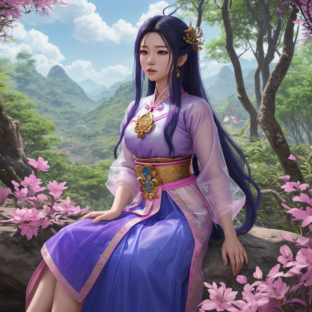 Wide-angle full-body image ,Thai-Korean woman with beautiful eyes, 20 years old, long hair, blue, purple, pink, wearing traditional traditional Thai clothing all over, made from clear hard plastic. Ancient Thai costumes that are clearly inspired Her outfit is an organic blend of clear hard plastic and glass crystals on her frame. 🐉Background: forest, sky, clouds, full resolution. Highest clarity images, professional photos, realistic, smooth, 3D, 4K, 1080 HP, unreal engine 5+realistic