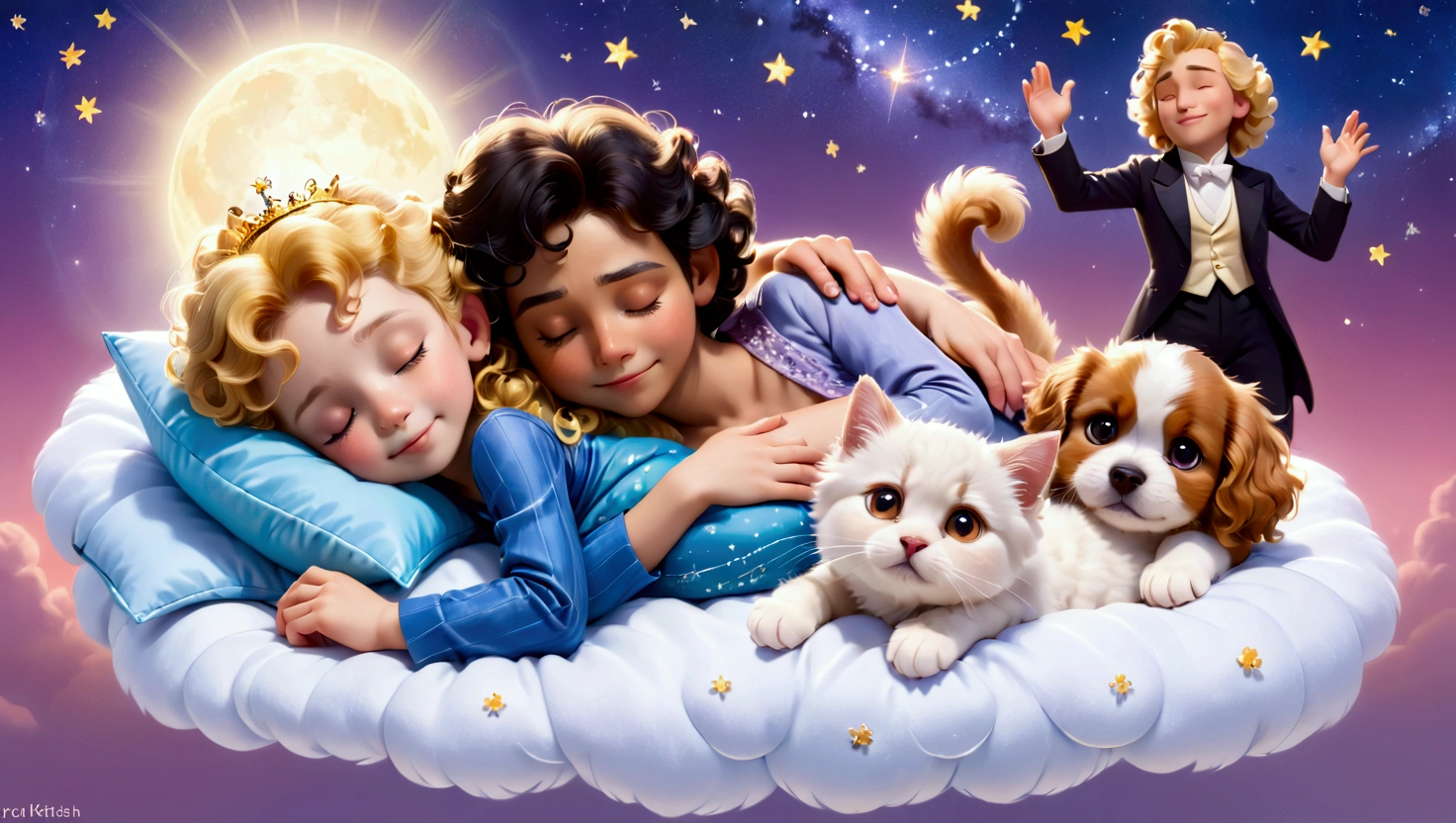 An image of a blond 5 year old boy with yellow curly hair, sleeping with a 5 year old, straight shoulder-length black hair, a puppy of the lhaza apso breed, white with caramel spots on the eyes, paws and tail, a blue kitten, um gatinho filhote amarelo com um boné da vondutch e uma pink kitten filhote  com uma tiara de flores na cabeça, everyone sleeps peacefully with a slight smile in their eyes, as if they were dreaming, they sleep on a cloud with a background of a beautiful starry night and a figure that represents a version of Amadeus Mozart as he is telling the characters to sleep. pink kitten, no clothers