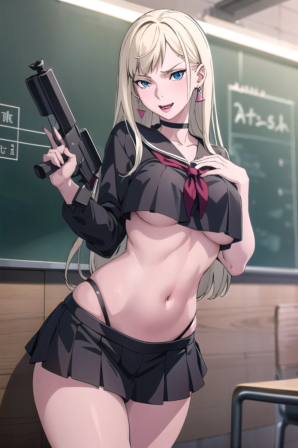 1girlgigi, large breast, ear piercing, long hair, blush, lipstick,Hot girl, baddie, staring, glaring, bad attitude, mean girl, dare, angry, hate, crazy, smoking, sensual, attractive , masterpiece, best quality, highly detailed, a anime girls in sailor uniforms with a gun posing for a picture,
evil smile, smile, open mouth,black_serafuku, ecchi anime style, anime girls , (nsfw) not safe for work,
ecchi style, ecchi, shipgirls, digital anime art!!, high school girls, holding a gun, hold a gun, anime style 4
k, micro skirt, exposed belly, exposed navel, exposed midriff, holding pistol,underboob,
exposed lower belly,school, classroom, 
