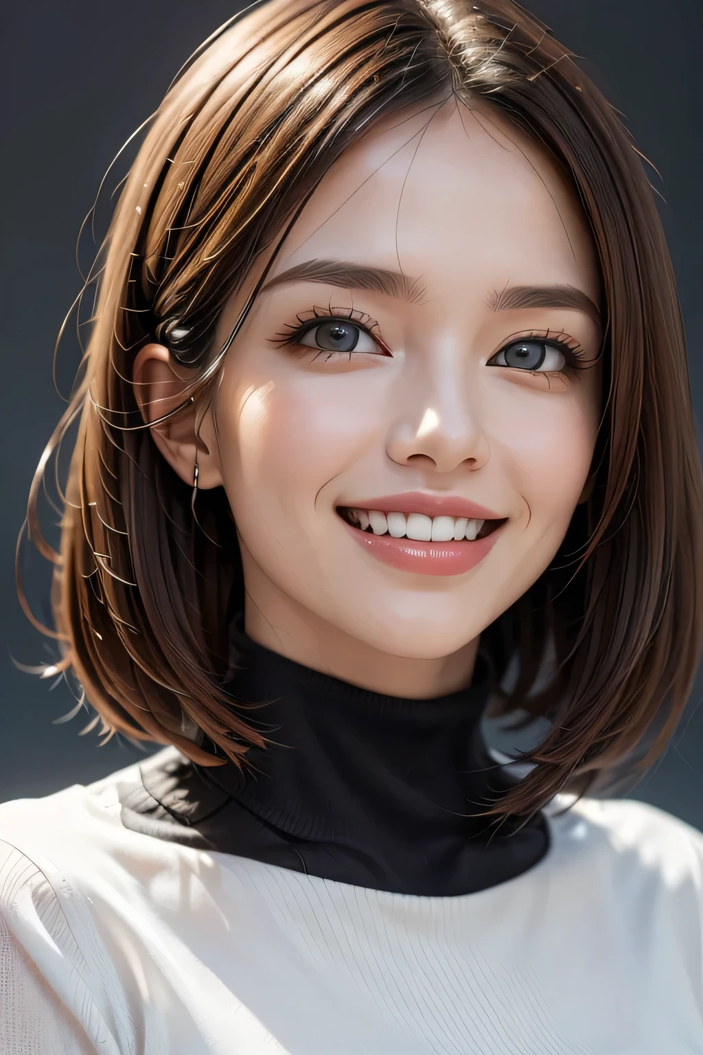 ((masterpiece)), ((Highest quality)), ((Complex)), ((Surreal)), (Realistic), (Mature Woman), ((There are no classes)), Very detailed, (1 female), Beautiful and exquisite, (Beautiful Teeth), Grin, Brunette bob hair, Brown eyes, ((Turtleneck sweater)), (Upper Body), (background:none), Perfect Eyes, Captivating eyes, Looking at the audience