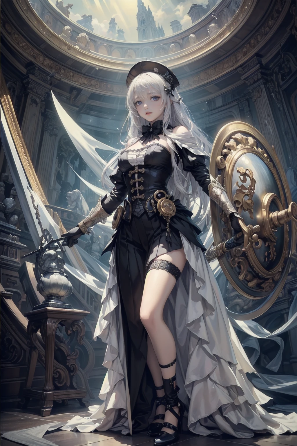 ((Highest quality)), ((masterpiece)), (detailed), Perfect Face official art, unity 8k wallpaper, ultra detailed, beautifully、aesthetic, masterpiece, Highest quality, (zenTangle, Mandala, Tangle, enTangle), (Fractal Art:1.3) , One girl, extremely detailed, Dynamic Angle, Cowboy Shot, The most beautiful form of chaos, elegant, Brutalist design, Vibrant colors, Romanticism, Inspired by Bloodborne, occult aesthetic, occult, detailed and intricate steampunk and detailed gothic, Browsing Caution, Very dramatic and cinematic lighting, Space horror, dark, Side light, Perfect Face, Valkyries, the beautiful goddesses worshipped in armor, Inspired by Bloodborne valkyrie, occult aesthetic valkyrie, occult valkyrie, detailed and intricate steampunk and detailed gothic valkyrie, Brandishing a sword、Hold a shield, Browsing Caution, Fluttering lace flared long Knee length dresses with frilly petticoats, Knee length dresses, Pleated petticoat, ta Dress, Petticoat Gothic LoliSide light, Gothic Lolita Aetics, beautiful Small breasts, Small breasts, full body, whole body, body, Browsing Caution, full body, whole body, Head to Toe, Vibrant colors, detailed armor, White and black engraved metal armor with golden rises , Intricate designs on armor, Intricate armor carvings, Hall々A strong and determined attitude, intense , Flowing Hair, Dynamic pose, intense戦闘シーン, Fantasy Setting, Vibrant colors, Dramatic lighting, Spectacular atmosphere, Background mythical creatures, Magical effects surrounding the sword, Pay attention to anatomy and facial features, Symbolic use of highlights and shadows, Capturing emotions, A wonderful composition, Drawing strong female characters