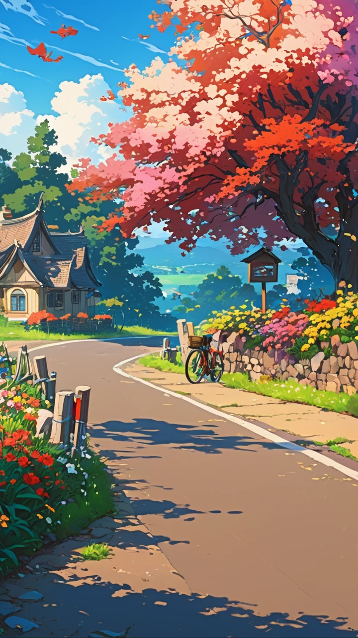 there is a painting of a road with a bike and a house, anime background art, anime countryside landscape, painted in anime painter studio, anime scenery concept art, a beautiful artwork illustration, beautiful anime scenery, background art, scenery artwork, anime scenery, anime background, anime beautiful peace scene, beautiful anime scene, colorful anime movie background, digital painting highly detailedfluffy clouds and brush strokes ,makoto shinkai cyril rolando, anime art wallpaper 4k, anime art wallpaper 4k, animated background, anime art wallpaper 8K, animated background art, Anime Landscape Wallpaper, amazing wallpaper, HD wallpaper, 4k anime wallpaper, 4k anime wallpaper, Aries Moross art,art by Bob Byerley , AshleyWoodArtAI, greg rutkowski,