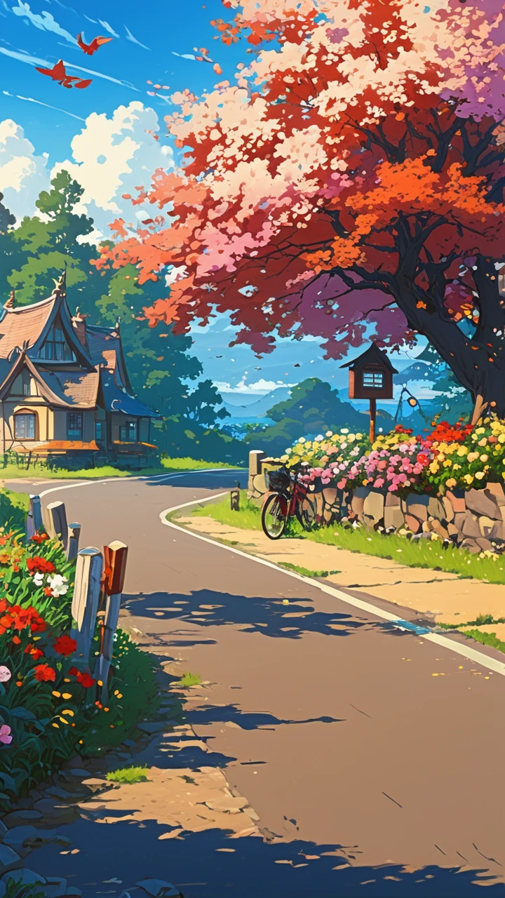 there is a painting of a road with a bike and a house, anime background art, anime countryside landscape, painted in anime painter studio, anime scenery concept art, a beautiful artwork illustration, beautiful anime scenery, background art, scenery artwork, anime scenery, anime background, anime beautiful peace scene, beautiful anime scene, colorful anime movie background, digital painting highly detailedfluffy clouds and brush strokes ,makoto shinkai cyril rolando, anime art wallpaper 4k, anime art wallpaper 4k, animated background, anime art wallpaper 8K, animated background art, Anime Landscape Wallpaper, amazing wallpaper, HD wallpaper, 4k anime wallpaper, 4k anime wallpaper, Aries Moross art,art by Bob Byerley , AshleyWoodArtAI, greg rutkowski,