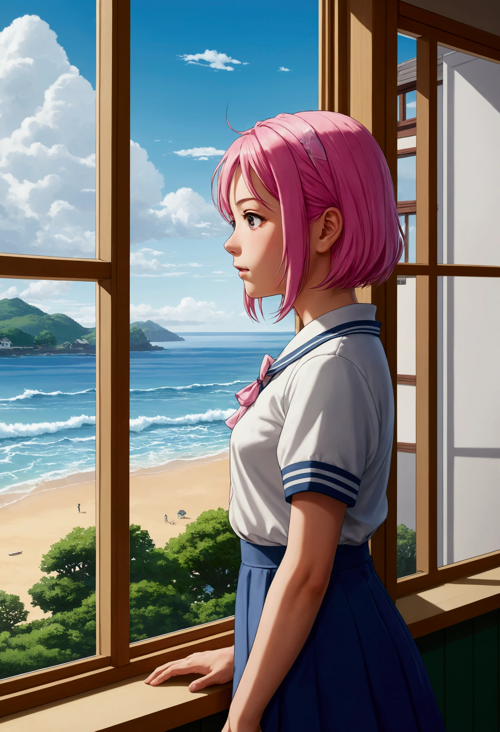 Create an illustration depicting an attractive 2D anime scene: a high school girl with pink hair, looking at the seashore, standing in front of the window of your house. Through the window, she sees several people with psychic powers Observe the incredible sight that unfolds. Make sure the girl is facing the window, and the window is high. The house is a Japanese house one's backeat breakfast