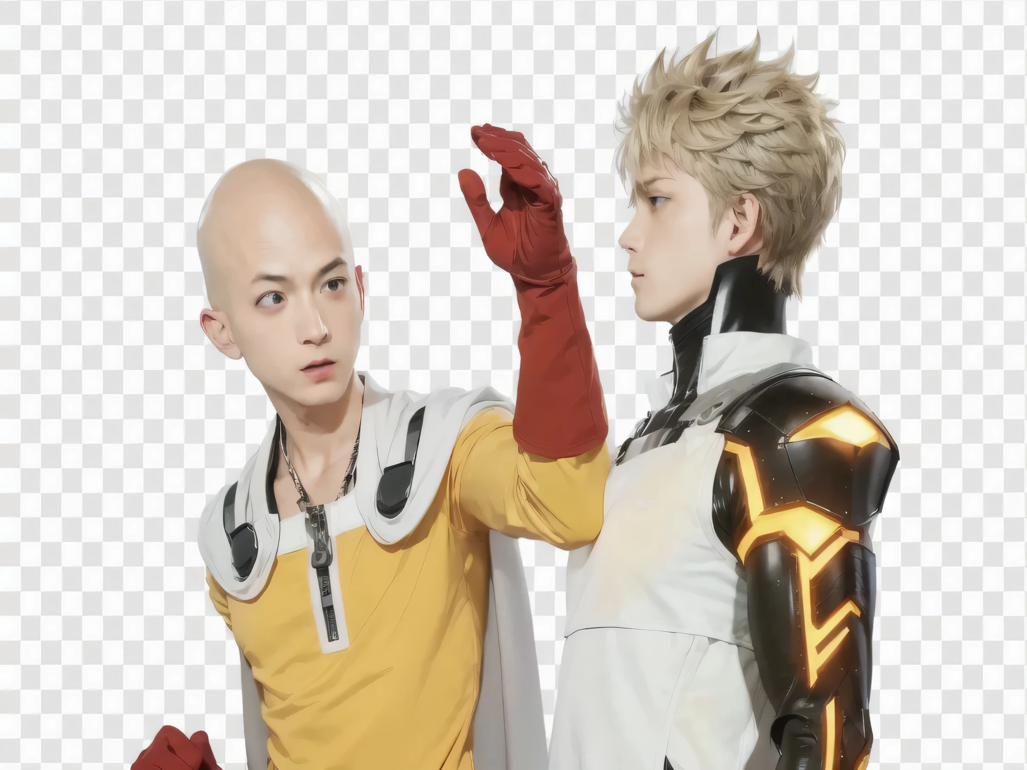 2 man, one punch man, chef saitama one punch man, saitama, one punch man manga, handsome saitama, anime key visual like saitama, with index finger, anime cgi style, genos, portrait of saitama, genos from one punch man, in a anime masterpiece, anime fight, realistic styled digital art, realistic character, realistic style 4 k, badass realistic 8 k, clean detailed realistic art, white background