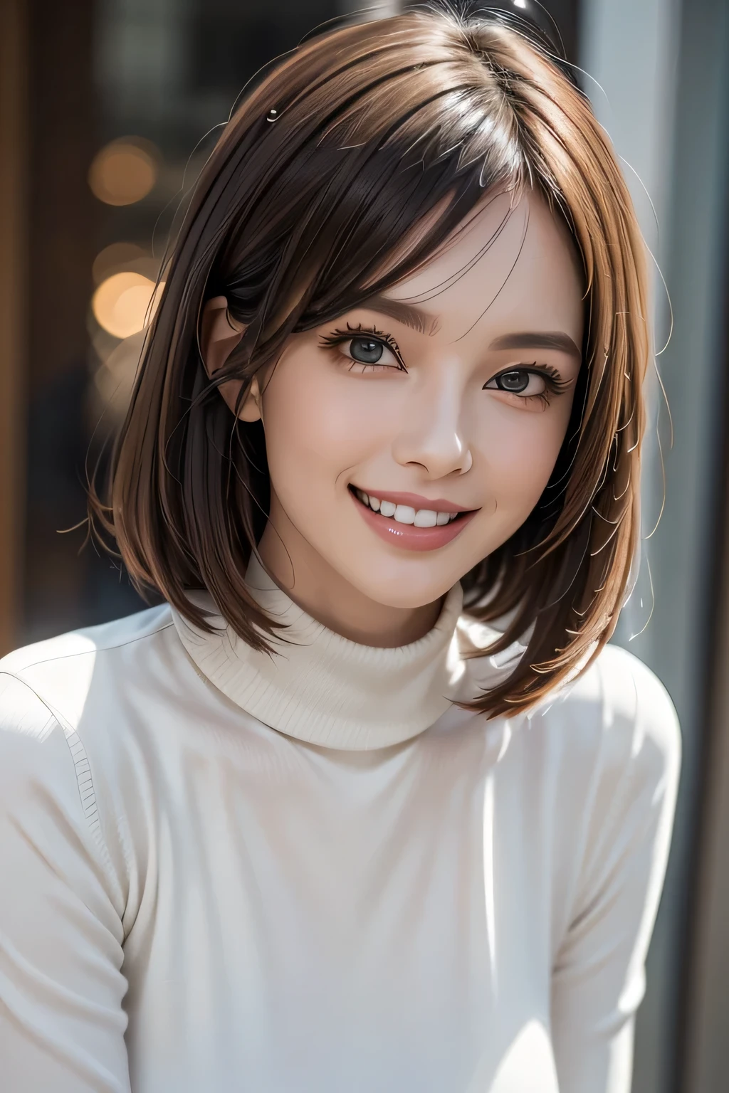 ((masterpiece)), ((Highest quality)), ((Complex)), ((Surreal)), (Realistic), (Mature Woman), ((There are no classes)), Very detailed, (1 female), Beautiful and exquisite, (Beautiful Teeth), Grin, Brunette bob hair, Brown eyes, ((Turtleneck sweater)), (Upper Body), (background:none), Perfect Eyes, Captivating eyes, Looking at the audience