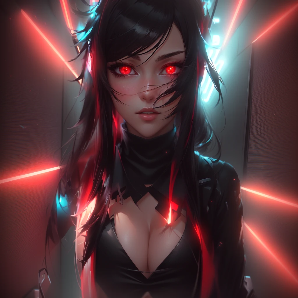 a close up of a woman in a black top and red lights, red aura, darkness aura red light, badass anime 8 k, red and cinematic lighting, anime style 4 k, emitting evil red aura, glowing red, crimson red aura, cyberpunk anime girl, female cyberpunk anime girl, anime cyberpunk art, alena aenami and artgerm