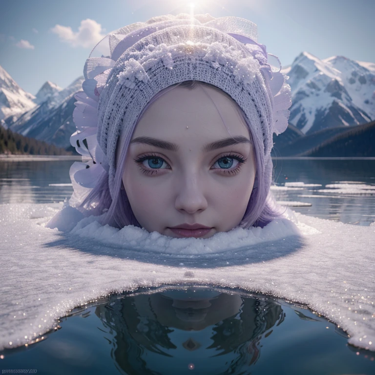 In winter, with soft sunlight and a vast and boundless lake, a huge purple snow lotus blooms with an exceptionally beautiful, dazzling, central symmetry, and three-dimensional beauty, blurring the distant view and creating a profound artistic conception. Surrealism, orthography, ultra wide field of view, ultra high definition quality, high detail, aesthetics, natural lighting, ultra high quality, depth of detail, level of detail, high quality, high-definition 3D rendering, realistic rendering  