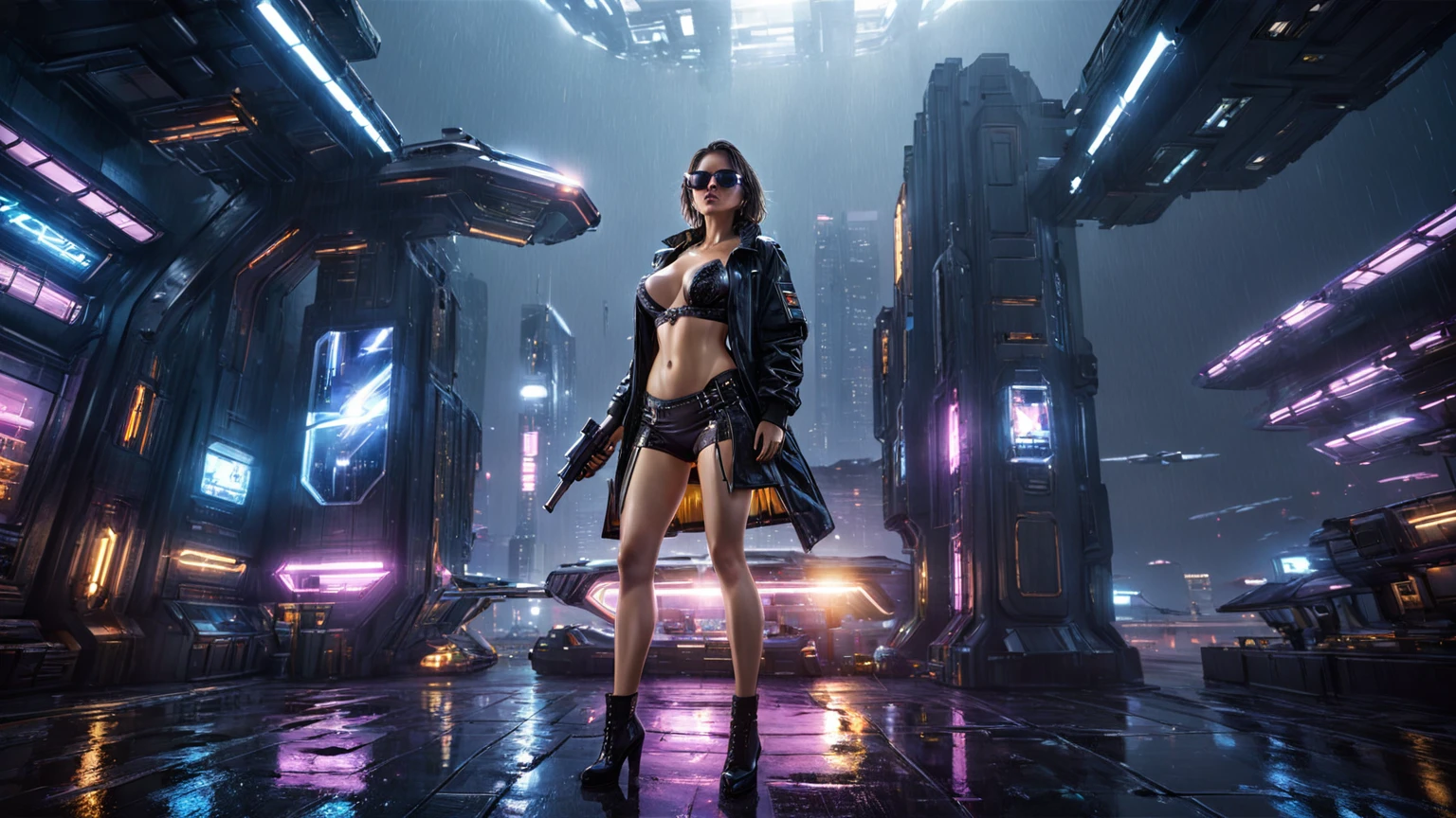 (((aerial view))), Blade Runner style futuristic space station platform, flying cars, neon lights, rainy night. (1girl, solo, alone), large-breast:1.2 slim body, cleavage:1.1, sexy laced lingerie, low angle view miniskirt, jacket, (black sunglasses), (((she raised a pistol:1.8 and shot the viewer))), dynamic pose, (((half-body thigh level medium shot))), cinematic lighting, lens flare, ray tracing.