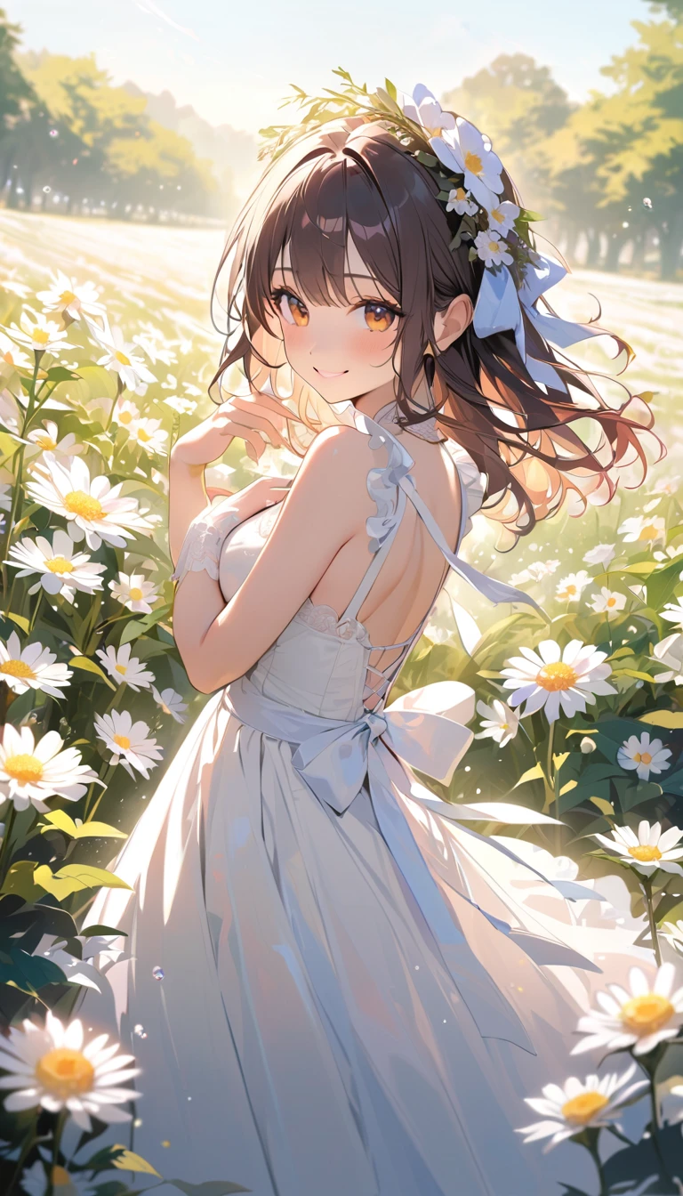 super detail, best quality, a woman ,　Full smile, Light-colored, neat clothing,　An atmosphere of joy ,Flower Field