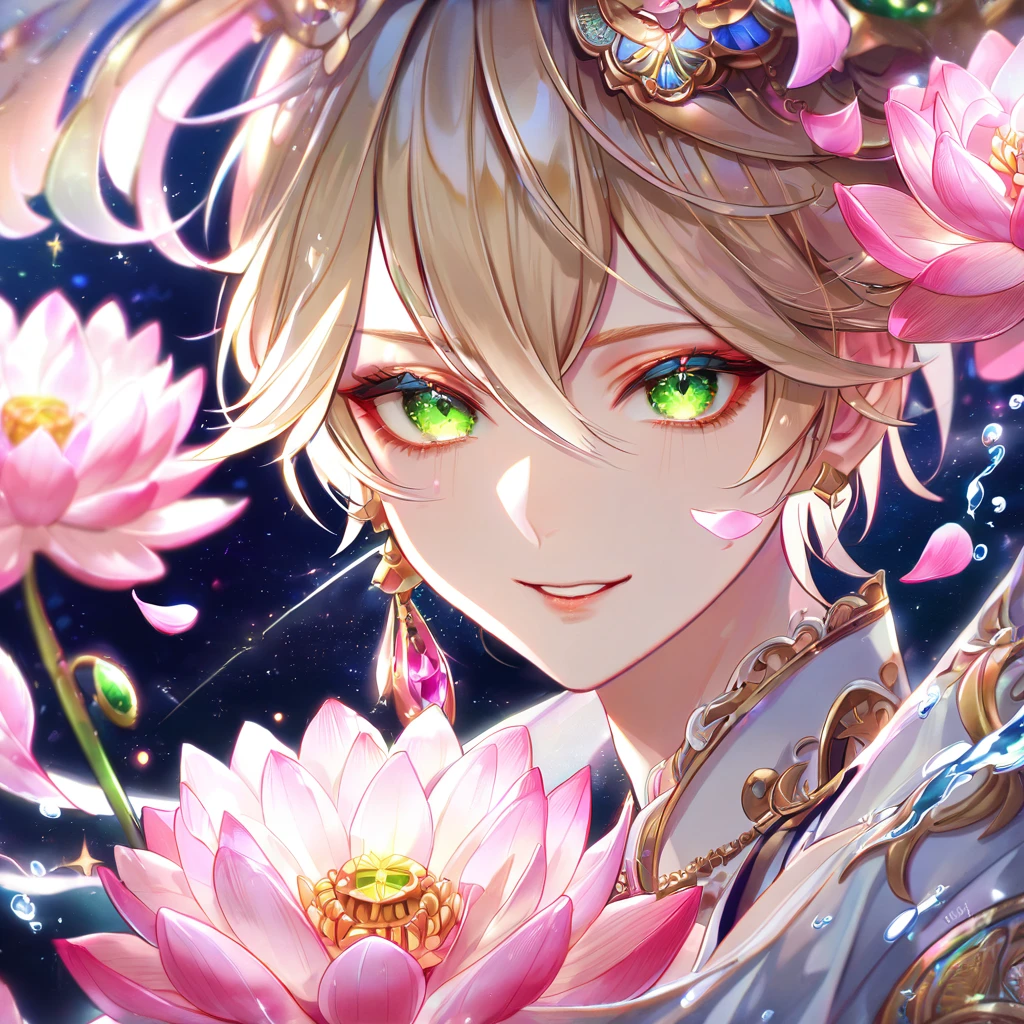 absurdres, highres, ultra detailed, HDR, master piece, best quality, extremely detailed face, delicated features, Taishakuten, ash-blonde hair, short hair, hair between the eyes, expressive green eyes, Onmyoji, solo, sexy man, handsome, smile, white robes, pink lotus, pink petals, water, magical, fantasy, pink moon, starry sky, envy magical