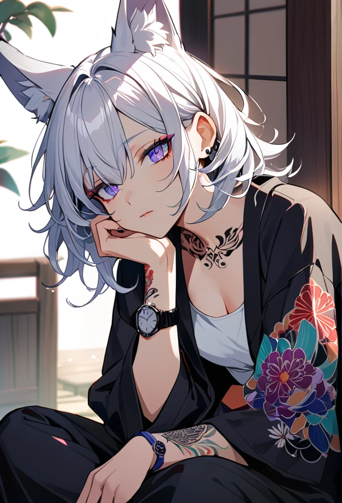 1woman, white hair, fox ears, bright eyes, wearing a black casual jacket, wearing a white crop top under, wearing black pants, wearing a vintage blueviolet watch, japanese style tattoos,  colorfull tattoos, tattoos all over the arms, resting head with hand