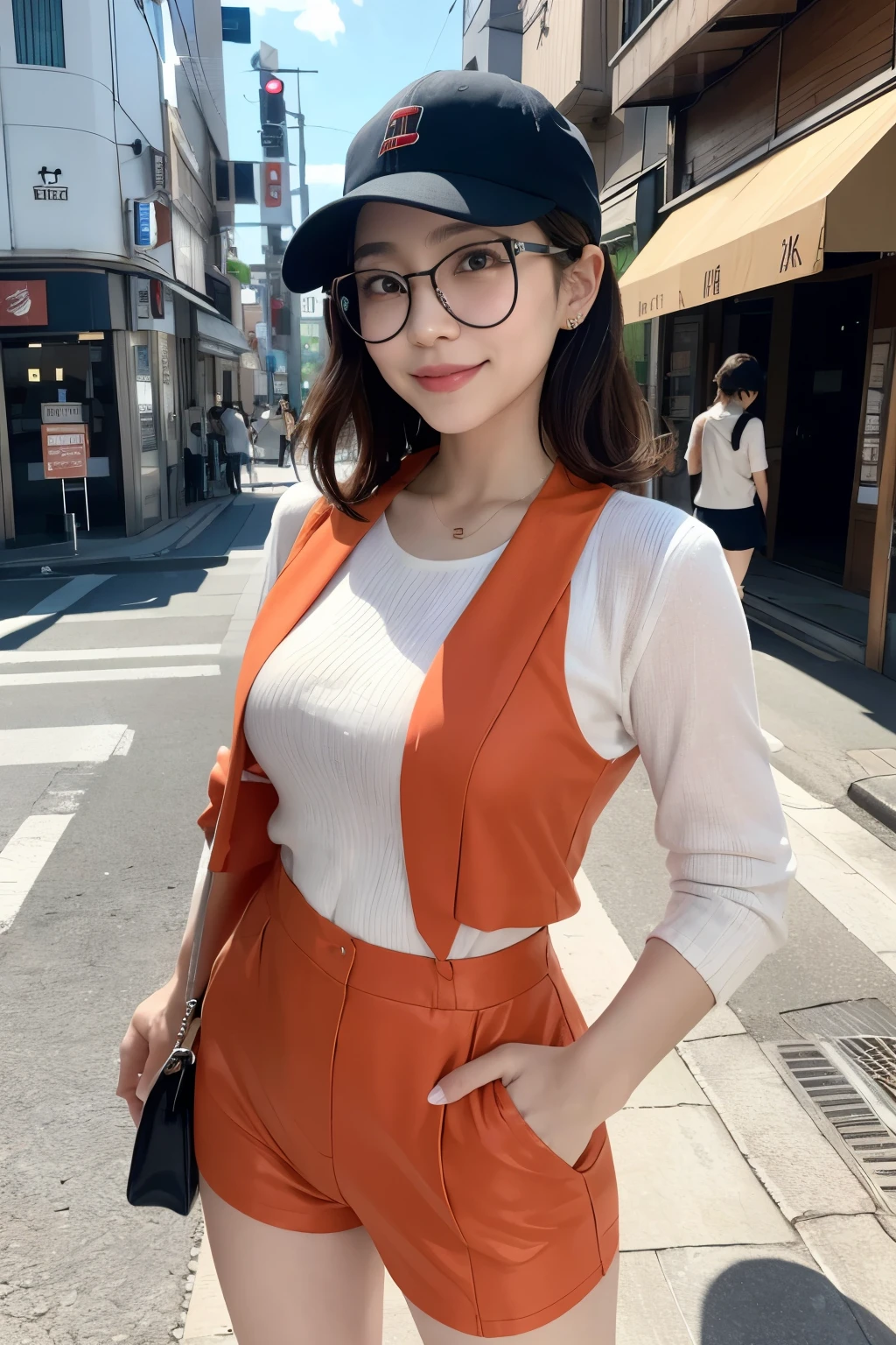 A cute Japanese woman with red glasses, wearing an orange suit and a newsboy cap, is walking on a street corner in Tokyo. She has very short brown curly hair, sunburned skin, and is carrying a shoulder bag. She is smiling and looks stylish. The background is a realistic and very detailed Tokyo street corner, with cinematic light, lens flare, and ray tracing effects. The image is like a live-action photograph, with ultra-high density skin texture and accurate anatomical details. The scene is captured in 8k resolution, with the best image quality, realistic background, and attention to details. The woman is viewed from the front and is standing with a smile.