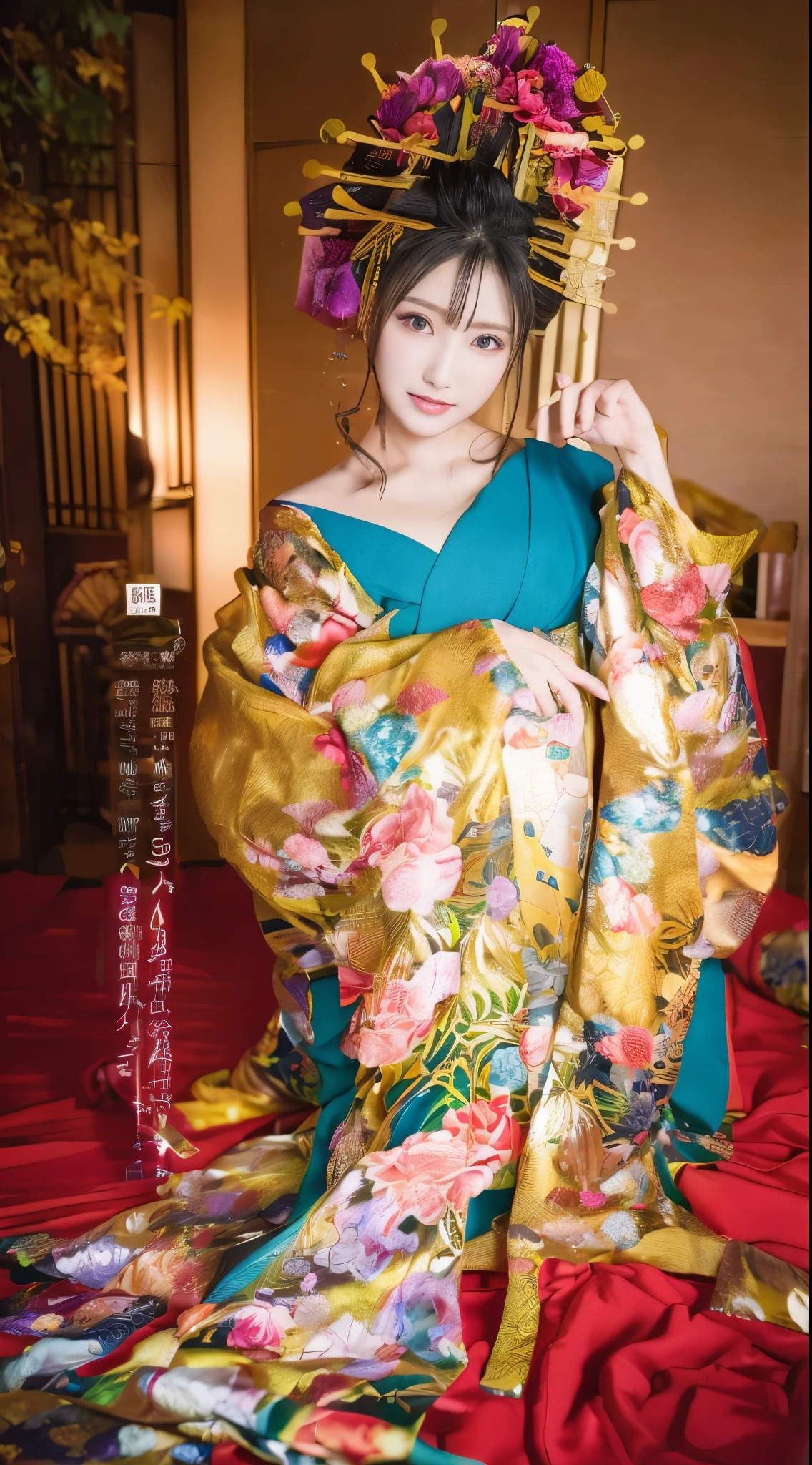 ((masterpiece(:1.4)，Highest quality，Ultra-high resolution，Highest quality，8k，Extremely detailed，In detail))。night，Japanese，A beautiful woman，Golden Ratio Style，glamorous，Big Breasts，Oiran，Long-sleeved kimono，Hair tying，hair ornaments，smoke tube，geta，Gorgeous and luxurious，(イメージビデオの撮影で遊郭にてOiranに扮したグラビアアイドルの様子)，Hyper Quality，Realistic，Actual person