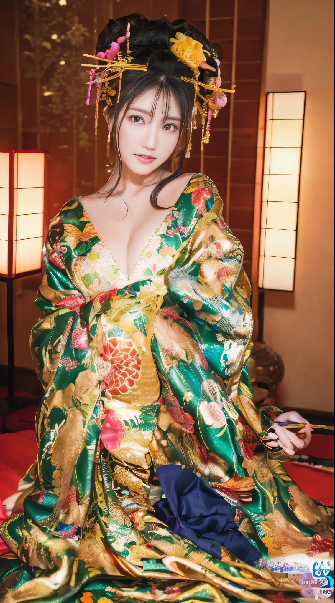 ((masterpiece(:1.4)，Highest quality，Ultra-high resolution，Highest quality，8k，Extremely detailed，In detail))。night，Japanese，A beautiful woman，Golden Ratio Style，glamorous，Big Breasts，Oiran，Long-sleeved kimono，Hair tying，hair ornaments，smoke tube，geta，Gorgeous and luxurious，(イメージビデオの撮影で遊郭にてOiranに扮したグラビアアイドルの様子)，Hyper Quality，Realistic，Actual person