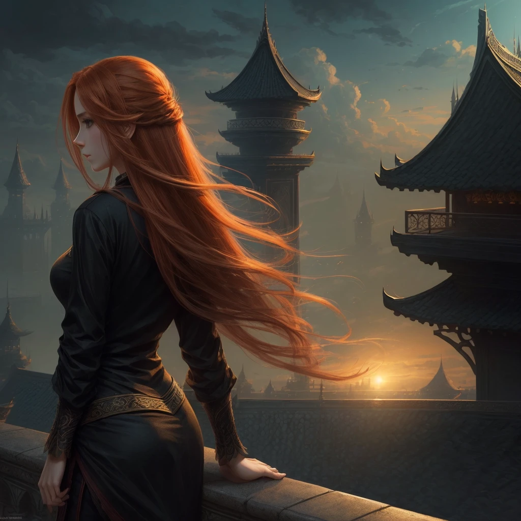 (high quality, ArtStation, Relax Art, fantasy style:1.2), (A beautiful girl, from side), (long messy ginger hair), (black shirt), (palace rooftop)