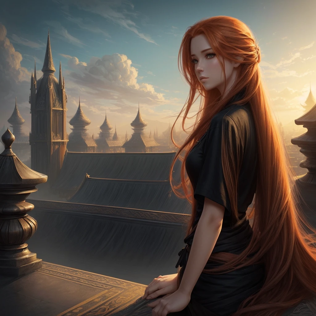 (high quality, ArtStation, Relax Art, fantasy style:1.2), (A beautiful girl, from side), (long messy ginger hair), (black shirt), (palace rooftop)