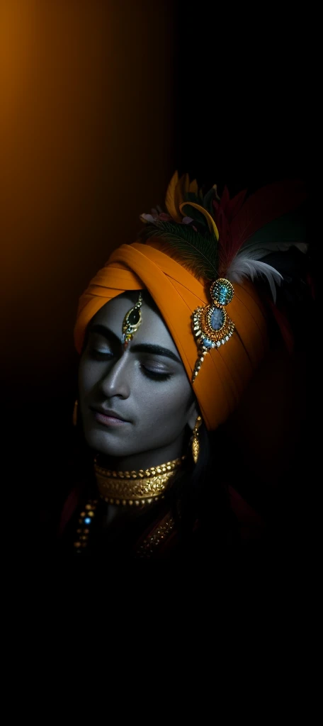 Close-up of a man with a feather on his head, Hindu god, An attractive male deity, color photograph portrait 4k, shy expression, dressed in intricate, an exhausted deity, serene expression, Regal and formidable appearance, His head is covered with jewels, a stunning portrait of a goddess, peaceful expression, portrait of a beautiful goddess, close up portrait shot, Stylish deity