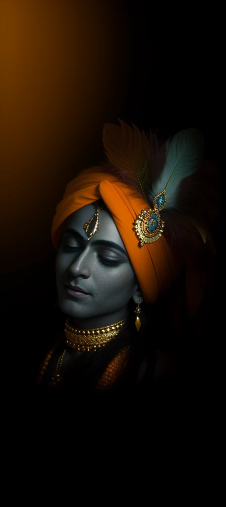 Close-up of a man with a feather on his head, Hindu god, An attractive male deity, color photograph portrait 4k, shy expression, dressed in intricate, an exhausted deity, serene expression, Regal and formidable appearance, His head is covered with jewels, a stunning portrait of a goddess, peaceful expression, portrait of a beautiful goddess, close up portrait shot, Stylish deity