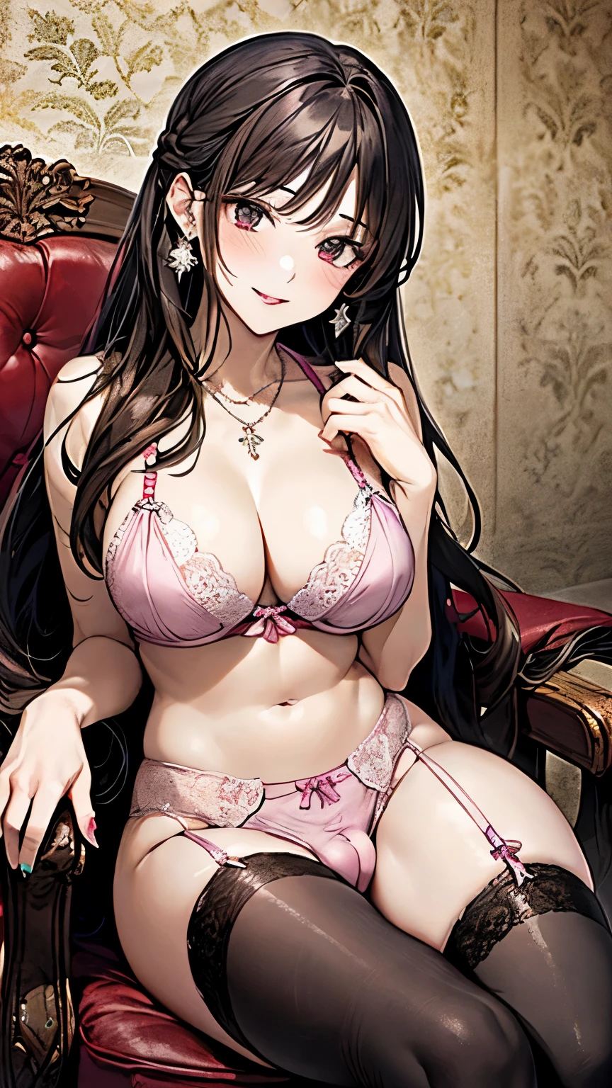 Ecstasy face　Climax（organs）（vagina,Sex）Black penis vibrator in hand, Masturbation Masturbation play,alone、Lewd face　One hand lewdly touches the underwear between her legs　Shy and seductive look　A look of contempt　Sexy Body　Clear Eyes　Round eyes　Sit in a luxurious chair　office lady　Japanese women　Manga illustration　Beautiful and firm breasts　Beautiful E Cup Breasts　the body is slim　Highest quality　4K Chignon Hairstyle　Hair tied up　Medium Long Hair　Light brown black hair　hair ornaments　necklace　Hotel with a great night view　Simple Background　Seductive pose　garter belt　Black lace stockings　Earrings　　派手なnecklace　Finer details　Beautiful anime illustrations　Beautiful Face　alone　High resolution, One Girl, Highest quality, Attention to detail, Slightly parted lips　Seductive red lips　Professional, Vibrant colors, Perfect Anatomy, ideal facial features, 理想的なProfessionalポーションの図, Perfectly beautiful body, Highly detailed skin, Glowing Skin, Glowing Skin, Cleavage, Captivating smile)),Sexy see-through pink lace bra,Obscene pink thong, (Attractive 30 year old Japanese widow,）High heels　Miss Soapland　Mature hot body　Sitting in a luxurious chair　Sparkle Effect, Anime Style, photograph, Attractive nail art　Dimly lit room　White beauty uniform　A sophisticated gravure idol　Gorgeous Japanese Model