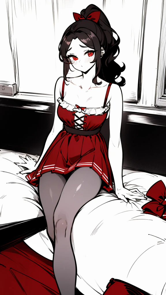 using pantimedies, wavy black hair, piercing look with deep red eyes, average stature, Silky hair with a ponytail hairstyle collected with a red bow with two white lines, with clothes, has a vagina, has breasts, cup of breasts, small breasts, slim, foreground, Session, sitting in her room, standing in his room, wearing pantyhose, using pantimedies, Picardias, short skirt, shoes, blouse with straps, blush, opening her legs making her panties visible, open legs, perfect white panty, Skirt fluttering in the wind, grabbing the skirt with both hands, from below, chubby thighs, big thighs, big ass