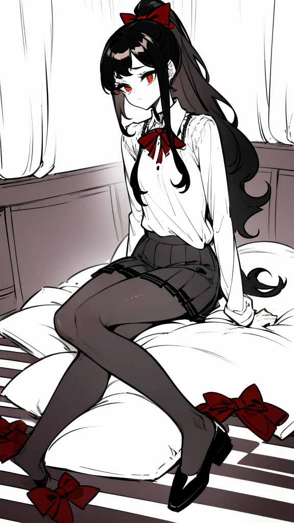 using pantimedies, wavy black hair, piercing look with deep red eyes, average stature, Silky hair with a ponytail hairstyle collected with a red bow with two white lines, with clothes, has a vagina, has breasts, cup of breasts, small breasts, slim, foreground, Session, sitting in her room, sitting on the floor of her room, wearing pantyhose, using pantimedies, Picardias, short skirt, shoes, blouse with straps