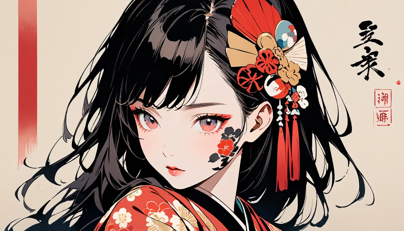 (((Ink Painting))), Fashion portrait color photos, (((1 girl))), (((Tattoo on face))), (((Gorgeous hair accessories))), Japanese style headphones, face close-up, Japan人の美少女, Black Hair, Delicate and precise, Modern ukiyo-e style,Japan, Japanese flag