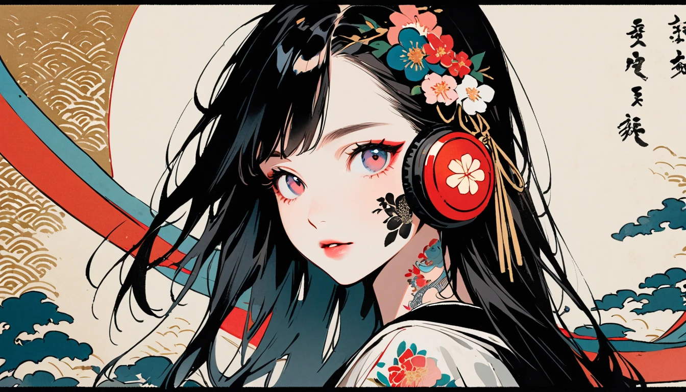 (((Ink Painting))), Fashion portrait color photos, (((1 girl))), (((Tattoo on face))), (((Gorgeous hair accessories))), Japanese style headphones, face close-up, Japan人の美少女, Black Hair, Delicate and precise, Modern ukiyo-e style,Japan, Japanese flag