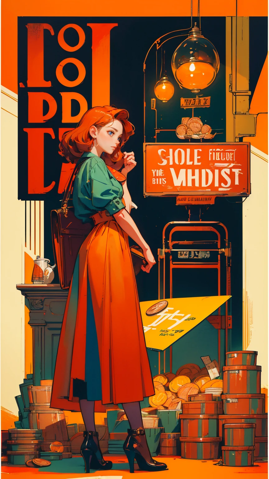 A girl holding up an advertising sign board that says "buy high, sell low". 2 piggy banks standing around her, The background has broken stock market chart and small coins placed around her . In the style of vintage cover art in the style of Alex Ross. Dark reds, yellows, oranges, greens, blues, black tones. full girl in image