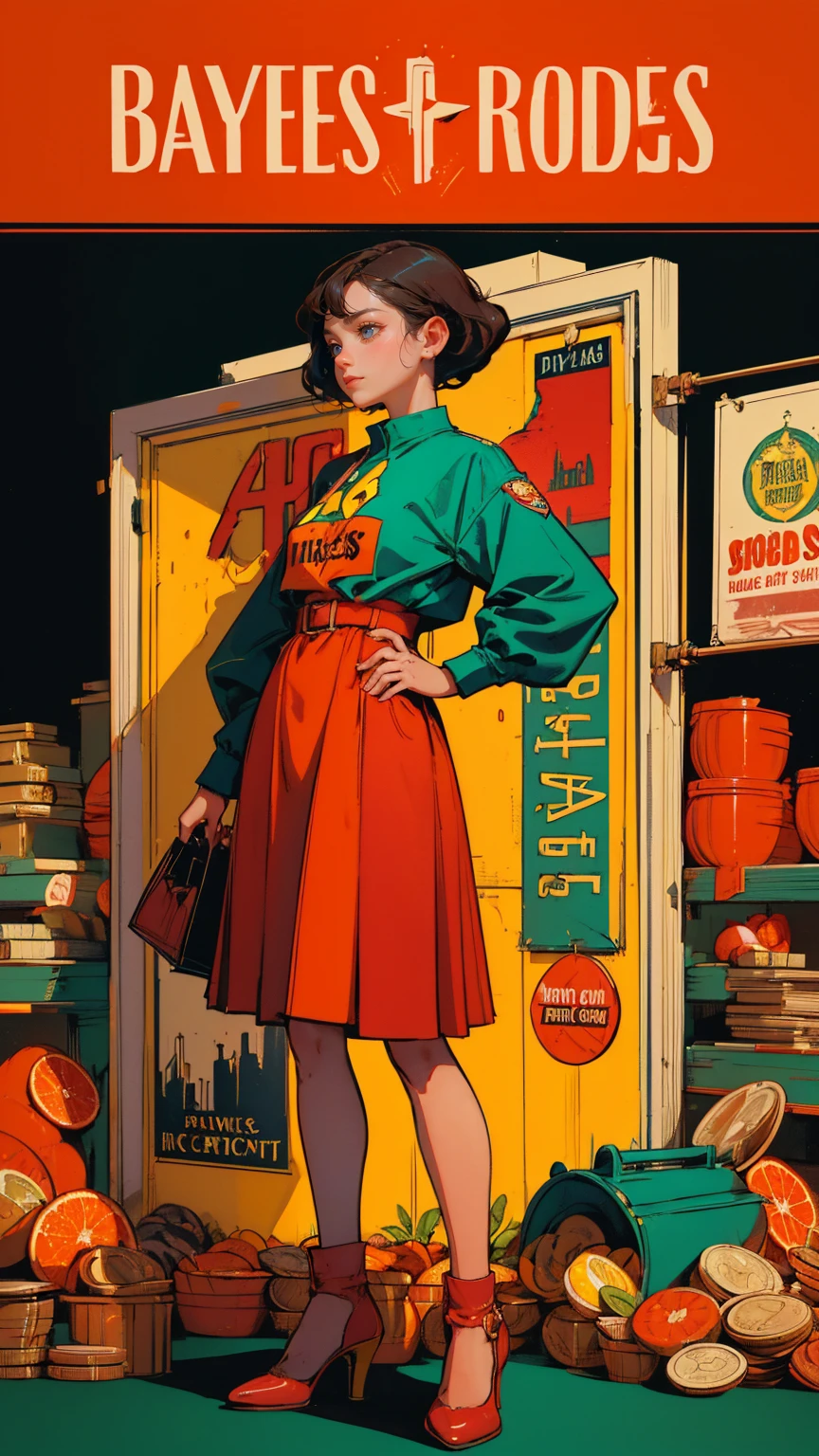 A girl holding up an advertising sign board that says "buy high, sell low". 2 piggy banks standing around her,  The background has broken stock market chart and small coins placed around her . In the style of vintage cover art in the style of Alex Ross. Dark reds, yellows, oranges, greens, blues, black tones. full girl in image