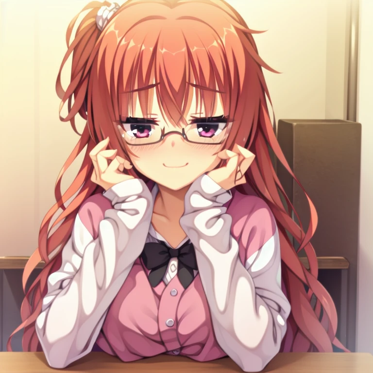 (Tabletop:1.0), (highest quality:1.4), (High resolution:1.2), From the side,Sharp contours, boyish, highest quality, masterpiece,Glasses,Voice of the Heart,20-year-old woman,yandere,Big Breasts,Chest to chest,Lying face down,Upper Body,Ecstasy,blush,Squint your eyes,Tuck up your clothes,lure