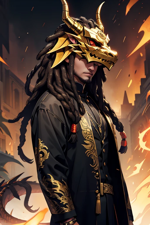 a man, with dreads, dragon mask, black clothes with gold details.