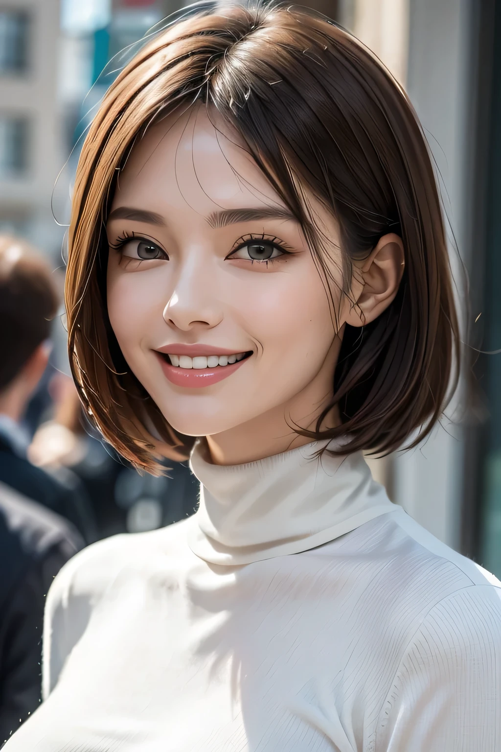 ((masterpiece)), ((Highest quality)), ((Complex)), ((Surreal)), (Realistic), (Mature Woman), ((There are no classes)), Very detailed, (1 female), Beautiful and exquisite, (Beautiful Teeth), Grin, Brunette bob hair, Brown eyes, ((Turtleneck sweater)), (Upper Body), (background:none), Perfect Eyes, Captivating eyes, Looking at the audience