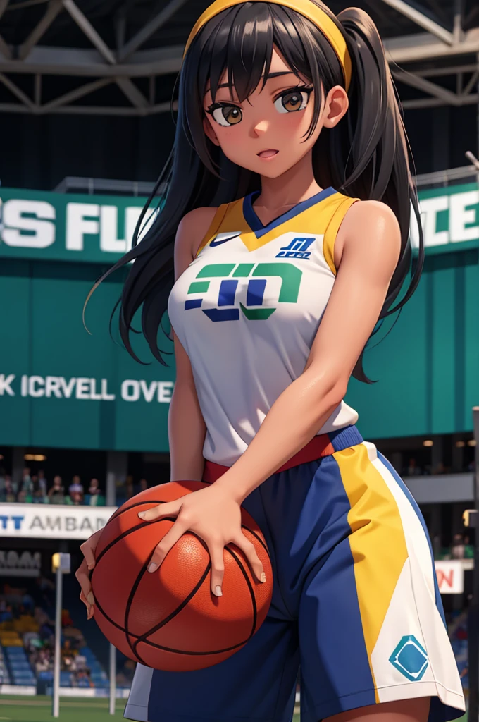 Masterpiece, anime CG, girl, beautful hair, wheat-colored skin, bodysuit, sports girl, wearing basketball uniform, smooth texture, silk texture, green pupils, perfect eyes