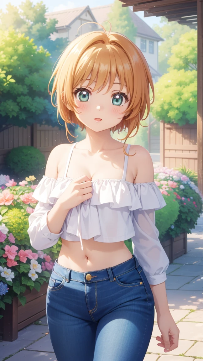 masterpiece, Highest quality, High resolution, One girl, Detailed face, blush, Anime CG style, (Medium chest), (18-year-old girl:1.3), (Old age), Good lighting, Perfect body, Sakura Kinomoto, Glossy Lips, View your viewers, garden, Cleavage, Crop top, Off the shoulder, jeans
