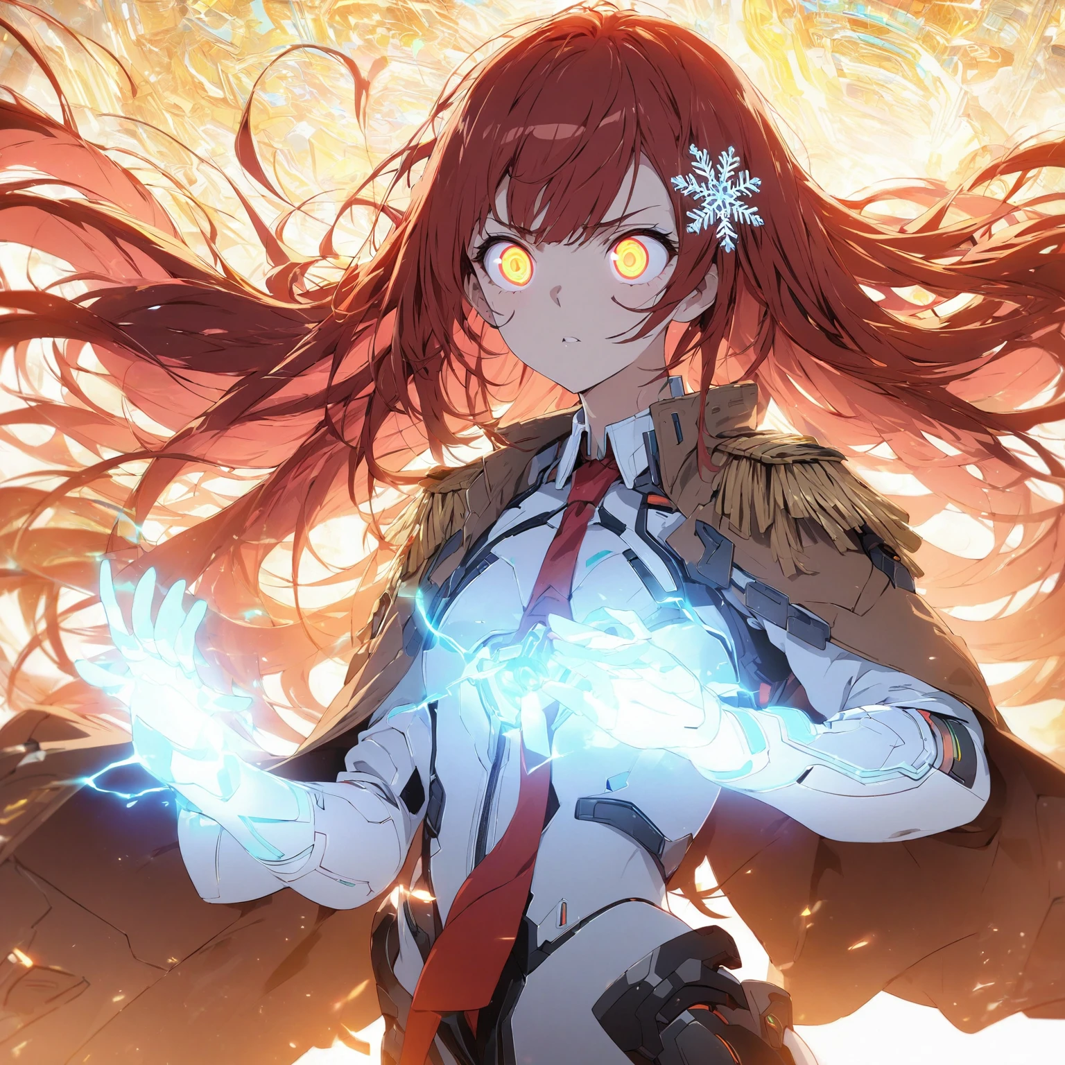 A girl with long, flowing reddish hair adorned with a snowflake-shaped hair accessory on the left side. The character's eyes are large and glowing with a bright golden color, dressed in a white shirt, (nude:0.8), red tie, and a brown jacket with epaulets, Her stance is dynamic, with arms outstretched and glowing with blue, electric energy, concentrated at the palms and trailing up her arms in intricate patterns. The background is filled with a warm, radiant light, elements of cyberpunk, and sci-fi fashion, mechanical details, futuristic outfit, high-tech fashion, detailed gorgeous face| anime style| key visual| intricate detail| highly detailed| breathtaking| vibrant| panoramic| cinematic| Carne Griffiths| Conrad Roset| gibbli 8k.