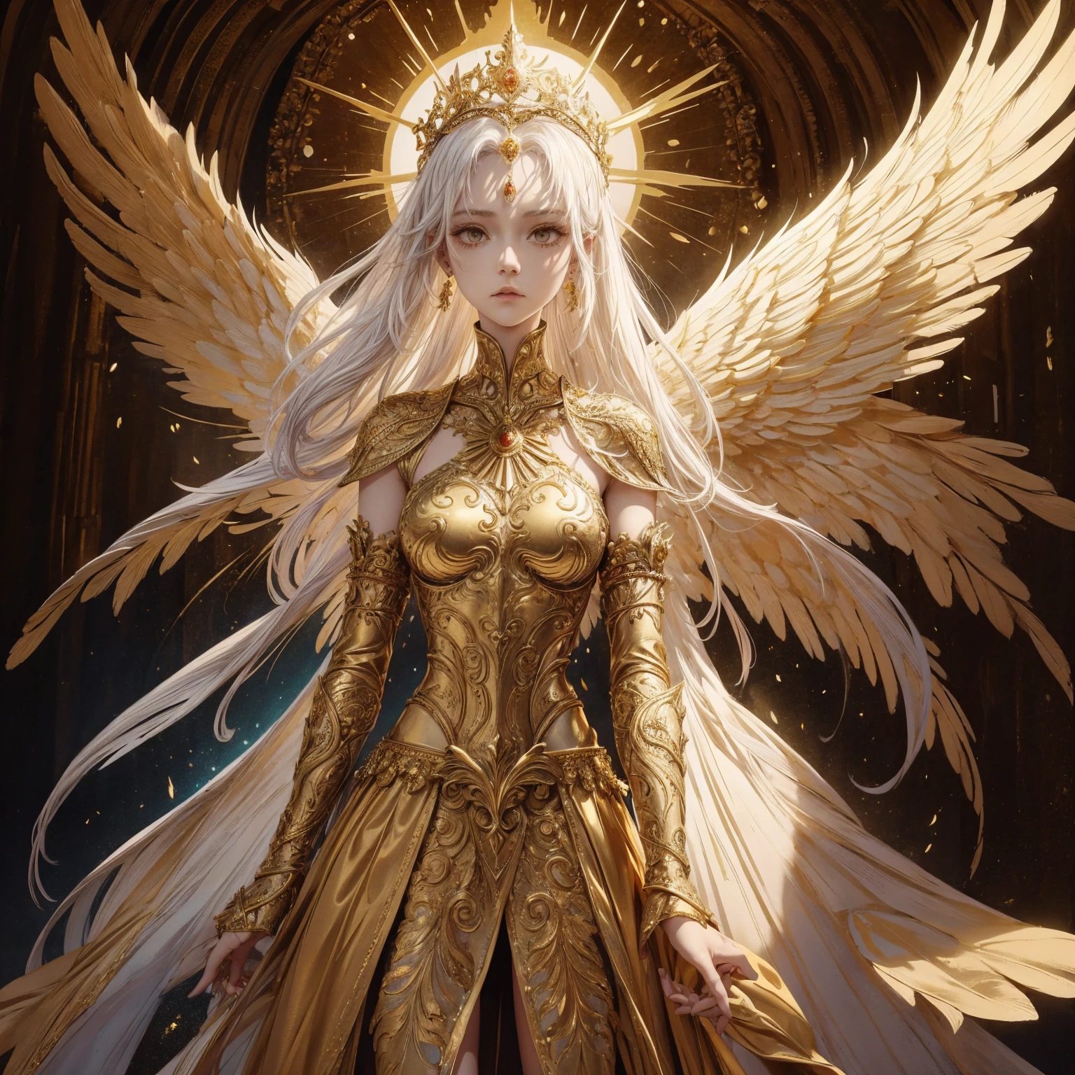 Art of Woman Wearing Sun Crown, Wearing a gorgeous golden breastplate that exposes a small amount of skin above the chest, Wearing a gorgeous golden dress, A pair of giant angel wings taller than the body spread out behind the woman., ancient goddess art, Sacredness. Very detailed, Mysterious inspiration, Inspiration from the Sun God, Religious inspiration, Cold and snobbish face, Dangerous expressions, White hair, Standing, Full body portrait, Gothic art style, Weird art style, Occult art