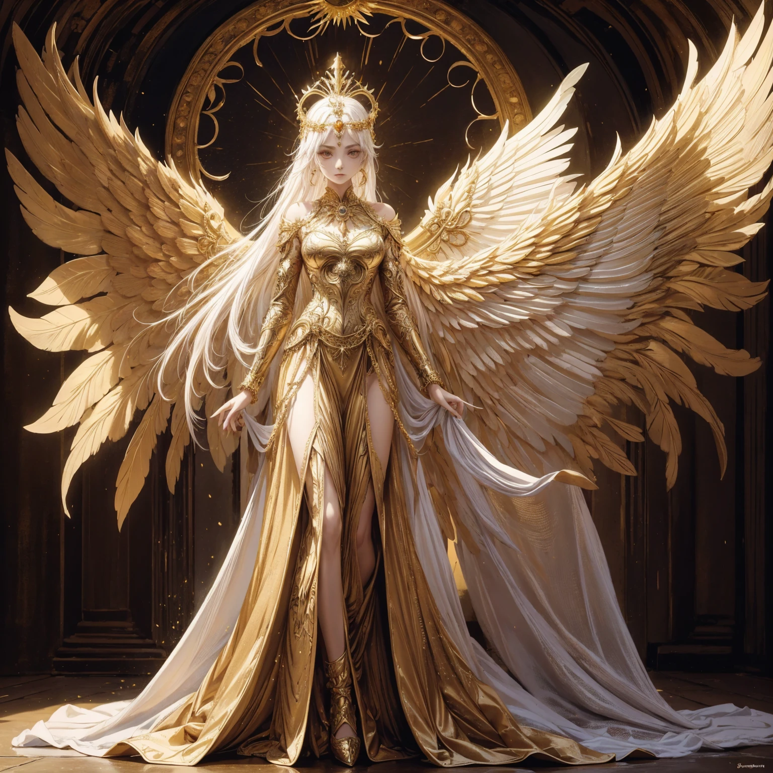 Art of Woman Wearing Sun Crown, Wearing a gorgeous golden breastplate that exposes a small amount of skin above the chest, Wearing a gorgeous golden dress, A pair of giant angel wings taller than the body spread out behind the woman., ancient goddess art, Sacredness. Very detailed, Mysterious inspiration, Inspiration from the Sun God, Religious inspiration, Cold and snobbish face, Dangerous expressions, White hair, Standing, Full body portrait, Gothic art style, Weird art style, Occult art
